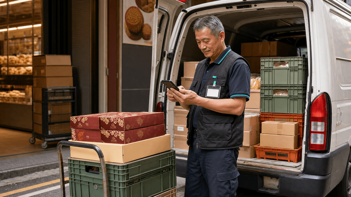資深司機使用簡單清晰的 TMS 手機 App 查看任務和完成派送