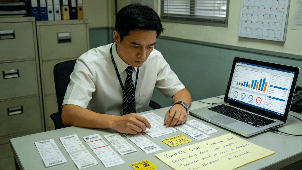 物流管理者查看油費、隧道費、泊車費和送貨成本記錄