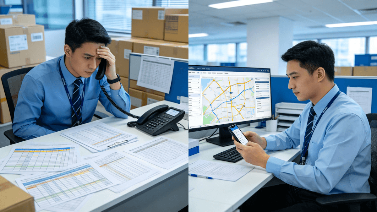 左邊混亂 Excel 排車，右邊整齊 TMS 調度畫面的對比圖