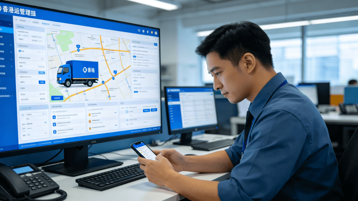 現代化 TMS 調度台、地圖追蹤和司機手機任務畫面