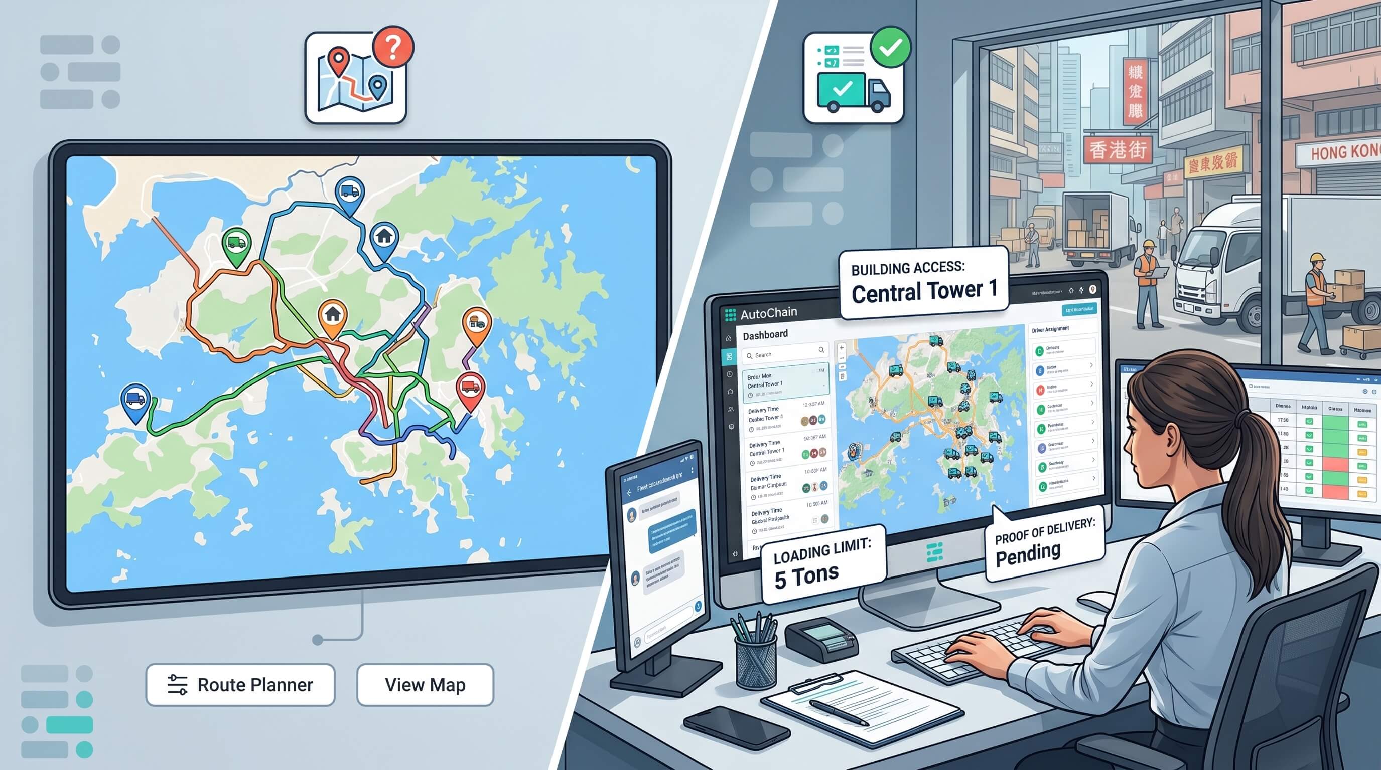 香港物流場景中地圖工具與真正 TMS 營運管理的對比示意